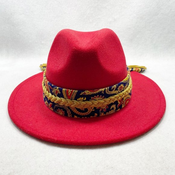 Custom Red Fedora with Gold Braid & Paisley Scarf Detail NWT main image 10